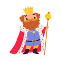 Bearded King with Crown in Mantle as Fairy Tale Character Vector Illustration