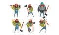 Bearded Lumberjack in Different Poses Holding Axe in his Hands, Strong Woodcutter Cartoon Character Style Vector