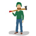 Bearded lumberjack in hat holding a big axe on his shoulder
