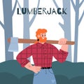 Bearded lumberjack holding ax on his shoulder in forest in flat illustration