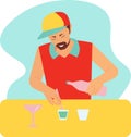 A bearded male bartender makes a cocktail by pouring liquid from a pink bottle into a glass of blue drink. Vector flat Royalty Free Stock Photo