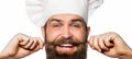 Bearded male chefs isolated on white. Closeup portrait of a happy chef cook. Cook hat. Bearded chef, cooks or baker Royalty Free Stock Photo