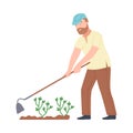 Bearded Male with Hoe Working in the Garden Vector Illustration