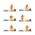 Bearded Male Professional Masseur Massaging Patient Lying on Bed Vector Set