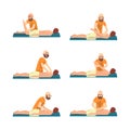 Bearded Male Professional Masseur Massaging Patient Lying on Bed Vector Set