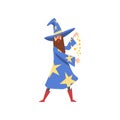 Bearded Male Sorcerer Character Wearing Blue Mantle with Stars and Pointed Hat Practicing Wizardry Vector Illustration