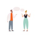 Bearded male talking to female with speech bubbles vector flat illustration. Angry couple discussing each other isolated