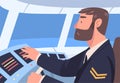 Bearded Man Aircraft Pilot or Aviator Sitting Inside Airplane Cabin at Control Panel Vector Illustration Royalty Free Stock Photo