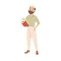 Bearded Man as School Teacher or Educator Holding Pile of Schoolbook Vector Illustration