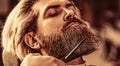 Bearded man. Barber scissors, barber shop. Vintage barbershop, shaving. Man hairstylist. Beard man in barbershop Royalty Free Stock Photo
