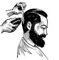 Bearded man and barbers hands