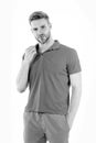 Bearded man in blue casual clothes isolated on white. Man in tshirt and shorts isolated on white. Macho in active wear