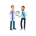 Bearded man with broken arm visiting traumatologist doctor cabinet in hospital. Cartoon flat illustration