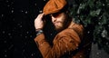 Bearded man in brown leather jacket and cap hold Christmas tree under snow Royalty Free Stock Photo