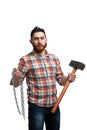 Bearded man in cap and checked shirt, holds sledgehammer and chains in hands on white background Royalty Free Stock Photo