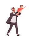 Bearded man carrying young boy. Smiling dad holding son. Joyful father playing with his little kid. Happy family. Cute Royalty Free Stock Photo