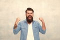 Bearded man celebrate success. everyday winner. Male fashion. happy mature hipster with beard. brutal hipster with Royalty Free Stock Photo