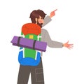 Bearded Man Character with Backpack Standing and Pointing Finger Up Engaged in Hiking in the Mountains Back View Vector