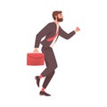 Bearded Man Character with Briefcase Hurrying Running Fast Feeling Panic of Being Late Vector Illustration