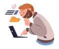 Bearded Man Character with Laptop Working with Information Analyzing Data and Browsing Internet Vector Illustration