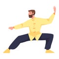 Bearded Man Character Practicing Tai Chi and Qigong Exercise as Internal Chinese Martial Art Vector Illustration