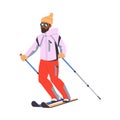 Bearded Man Character Skiing at Mountain Ski Resort in Winter Season Vector Illustration