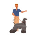 Bearded Man Character Standing with His Dog on the Leash Vector Illustration