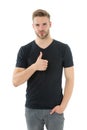 Bearded man classic hairstyle show thumb up hand gesture. Man with stylish hair and healthy skin. Guy got tidy hairstyle