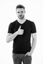 Bearded man classic hairstyle show thumb up hand gesture. Man with stylish hair and healthy skin. Guy got tidy hairstyle