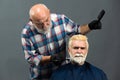 Bearded man coloring hair. Hair salon, hair coloring man. Attractive senior barber doing a haircut and haircolor for Royalty Free Stock Photo