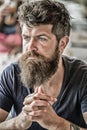 Bearded man concentrated face. Hipster with beard thoughtful expression. Thoughtful mood concept. Making important life Royalty Free Stock Photo