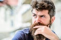 Bearded man concentrated face. Thoughtful mood concept. Making important choices. Man with beard and mustache thoughtful Royalty Free Stock Photo