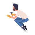 Bearded Man Construction Worker Character with Hammer Engaged in Roof Repair Vector Illustration