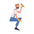 Bearded Man Construction Worker Character with Hammer Engaged in Roof Repair Vector Illustration