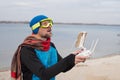 Bearded man controls the flying drone. Royalty Free Stock Photo