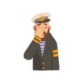 Bearded Man Covering His Face with Hand, Captaing Character in Blue Uniform Making Facepalm Gesture, Shame, Headache