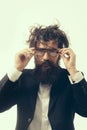 Bearded man crazy scientist of professor in glasses