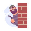 Bearded Man Criminal in Mask with Crowbar Looking from Corner Committing Crime Vector Illustration