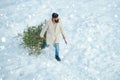 Bearded Man cutting Christmas tree. Happy father with Christmas tree on a snowy winter walk. Hipster woodsman with