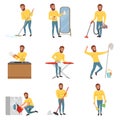 Bearded man with different household chores. Cleaning floor with mop and vacuum cleaner, washing dishes, ironing clothes