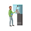 Bearded man with digital tablet in hand getting money from cash machine ATM . Banking theme. Flat vector design
