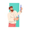 Bearded Man Doctor Character as Professional Hospital Worker with Flask Vector Illustration