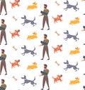 Bearded man dog trainer wearing protection on hand seamless pattern different breed animals male cartoon character full