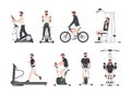 Bearded man dressed in sports clothes doing fitness training on exercise machines at gym. Male cartoon character during