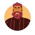 Bearded man face avatar. Happy smiling male character with moustache, head portrait. Cheerful stylish modern person with