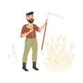 Bearded Man Farmer or Agricultural Worker with Scythe Reaping Ears of Wheat Vector Illustration