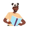 Bearded Man Father with Panda Mask on Head Reading Fairytale Book Vector Illustration