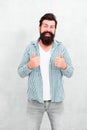 Bearded man feel happiness. Denim look. Male casual fashion style. barber care for men. brutal hipster with mustache Royalty Free Stock Photo