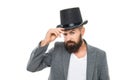 Bearded man in formal menswear. Caucasian man wear formal elegant menswear. Man portrait in elegant hat and jacket