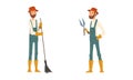 Bearded Man Gardener in Bucket Hat and Gloves with Pruner and Broom Sweeping in the Yard Vector Set